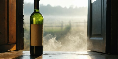 Naklejka premium Wine bottle rests near open doorway. Mist rises, landscape visible beyond. Dramatic lighting creates moody atmosphere.