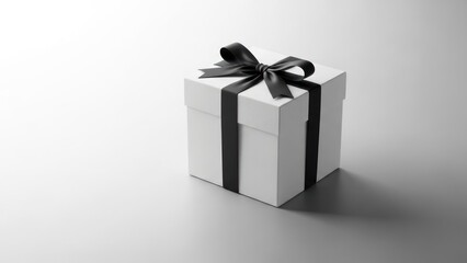 Obraz premium Elegant white gift box with black ribbon and bow on a simple background isolated present concept