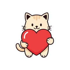 Obraz premium Cute cat holding a large red heart, with stripes on its ears and tail