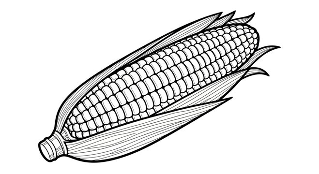Corn cob illustration, black and white line art, isolated on white background