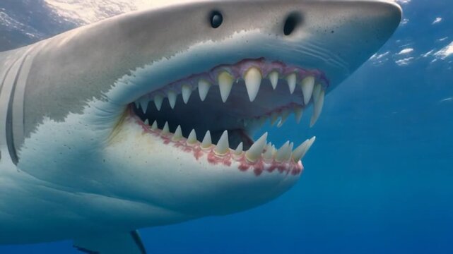 A large predatory fish with sharp teeth swims underwater, mouth open