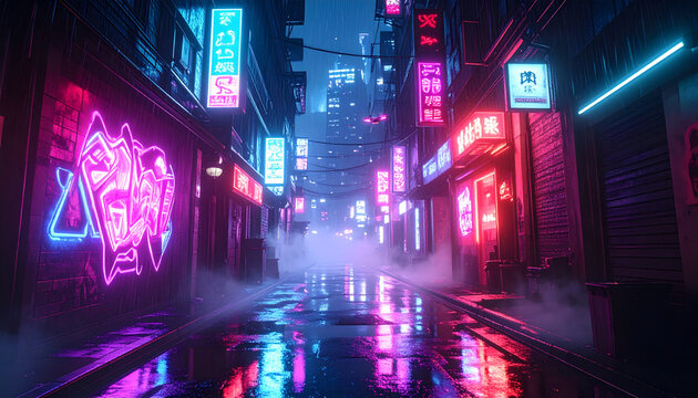 A futuristic cyberpunk alleyway glows with neon lights on a rainy night.