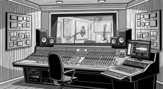 Detailed Illustration of a Professional Audio Mixing Console in Studio.