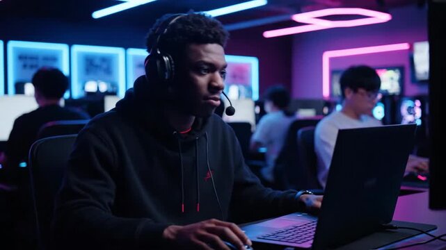 Young adult man gaming with laptop, headset in esports arena, competition.