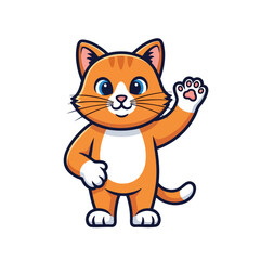 Obraz premium Cheerful orange cartoon cat waves hello with a paw raised