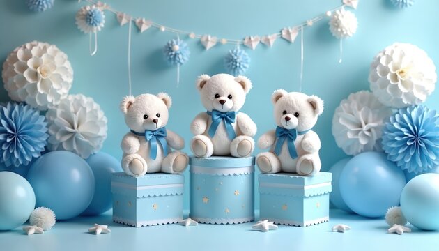 Three white teddy bears with blue bows sit on pastel blue gift boxes. Decorated with paper pom poms, balloons, and stars, it a sweet baby shower scene.