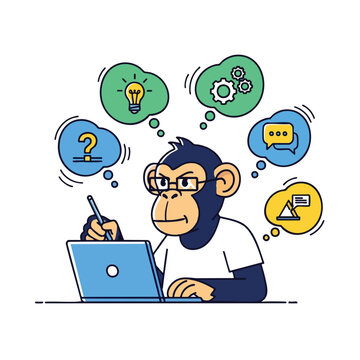 Cartoon ape with glasses types on laptop surrounded by thought bubbles with icons