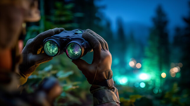Close up of gloved hands holding thermal imaging binoculars in a dark forest setting with green tinted ambient glow filtering through branches defocused misty treeline and night