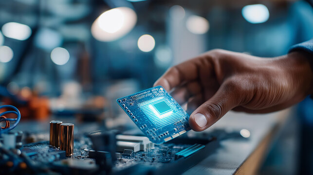 Close up of a human hand swapping a dusty old circuit board module for a sleek glowing new processor chip on a tech workbench bright focused task light overhead defocused clean