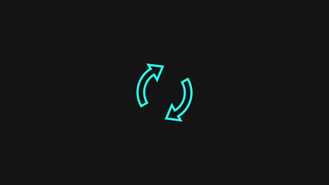 Recycling symbol made of two curved arrows in cyan color on black background recycle sign eco friendly.