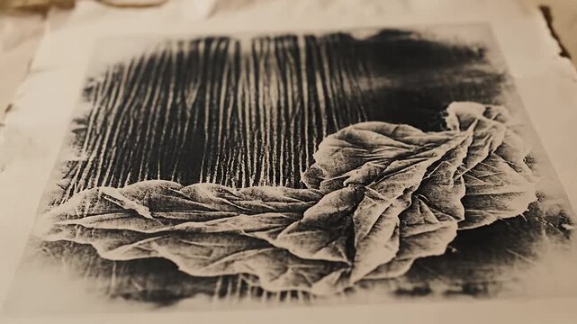 Textured artistic print of organic crumpled leaf on handmade paper