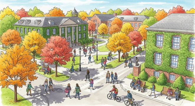 colorful illustration of college campus in autumn with people walking and biking