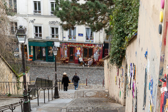 Steps in Montmartre Paris Leading to Caf&eacute; Street Scene Near Sacr&eacute;-C&oelig;ur