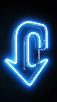 Bright blue neon arrow sign indicates a sharp turn