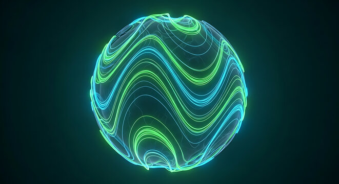 glowing abstract sphere with undulating green and blue lines visualizing dynamic data flow and futuristic digital networks.