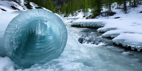 Fototapeta premium Frozen waterfall creates ice tunnel. Water flows through icy formations, winter landscape, beautiful scenery. Cold temperatures, natures artistry.