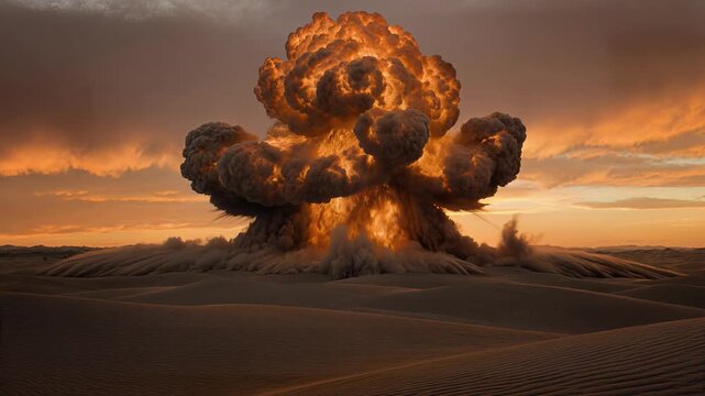 A massive explosion occurs in the desert at sunset causing destruction
