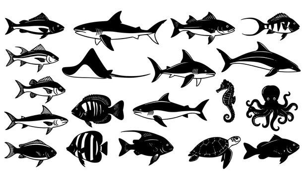 Fish and sea animal silhouette collection vector marine wildlife set