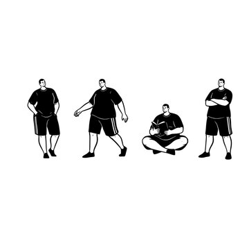 A collection of black and white line art illustrations showing the same man in different activities