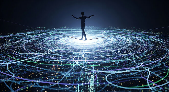 Mindful silhouette balancing above a luminous network of interconnected digital data streams, symbolizing human connection and technological harmony