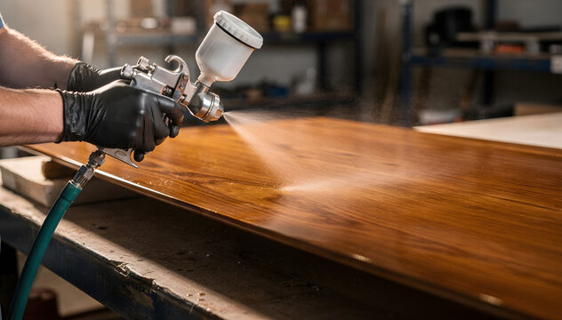 Skilled craftsman apply clear protective finish with spray gun to wooden surface, ensuring smooth, durable coating in workshop setting for furniture production process