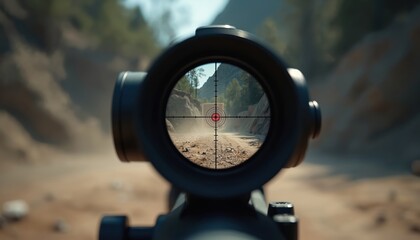 Gun scope crosshairs centered on target. Outdoor dirt road leads to target. Mountains and trees form background. Dust settles on arid terrain. Ready to shoot.