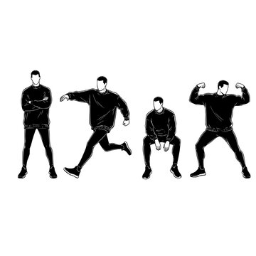 Four black and white illustrations of a man in different poses