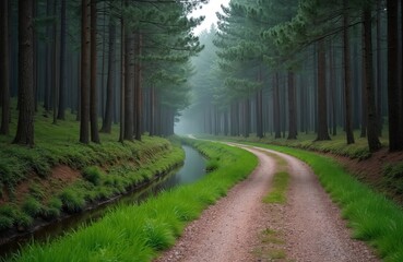 Fototapeta premium Winding dirt road goes through green pine forest. Water channel runs along path. Lush grass covers forest floor and borders the way. Serene nature scene in spring.