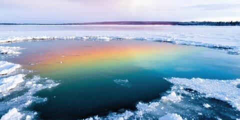 Fototapeta premium Frozen landscape displays vibrant rainbow hues beneath dark sky. Ice formations surround colorful water patch. Winter scene.