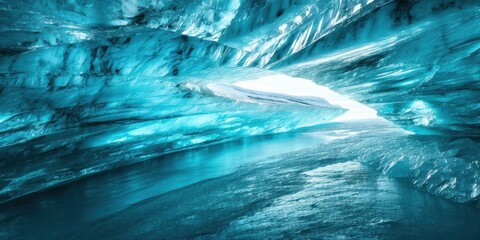 Fototapeta premium Ice cave interior. Blue hues dominate, creating dramatic light, shadow effects. Water flows through cavernous space.