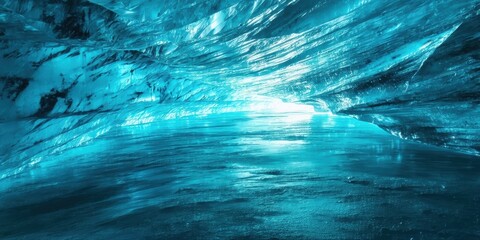 Fototapeta premium Dramatic ice cave interior. Blue hues dominate scene, light filters through glacial formations. Water reflects bright glow.