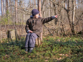 Fototapeta premium Boy Sitting on Tree Stump Pointing in Spring Forest — Child Discovering Nature, Childhood Wonder, Forest Exploration, Nature Education