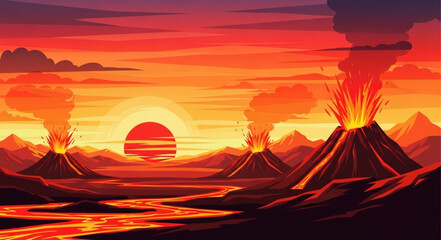 Volcanic Landscape with Erupting Volcanoes and Lava Flowing into the Distance. © prastyo
