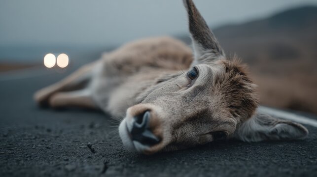 Close-up of dead deer lying on asphalt road with blurred car lights in background. Roadkill concept showing wildlife collision risk and human impact on natural habitats and transportation danger