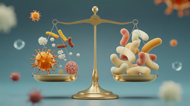 Microorganisms on golden balance scale representing good bacteria versus bad viruses. Health, immunity concept.