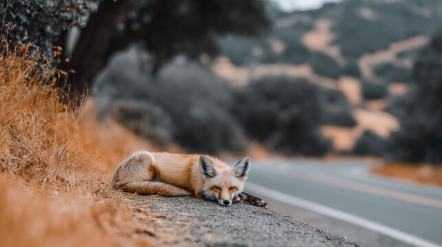 Fox lying motionless on roadside near empty highway with blurred landscape. Wildlife roadkill scene highlighting danger of vehicle collisions and impact of roads on natural habitats