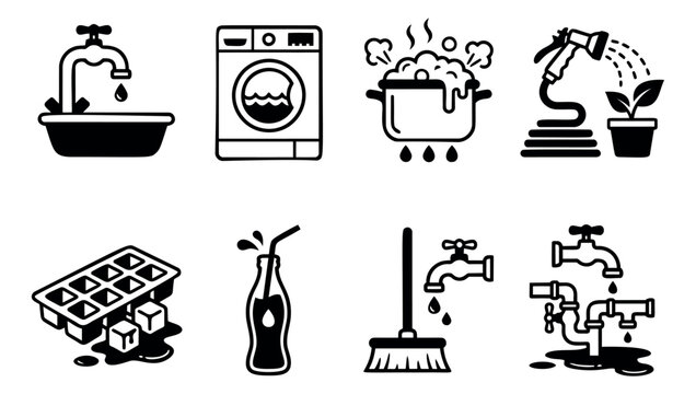 Graphic household water icons set featuring faucets, a washing machine, a boiling pot, a garden hose, and other liquid-related items for domestic tasks