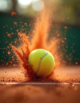 Tennis ball impact on clay court. Red dust explodes into air. Action shot of sport game in motion. Dynamic motion of athletic play on green court.