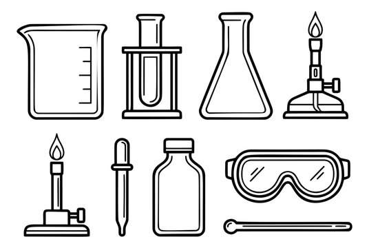 Line art laboratory equipment set featuring beakers, flasks, and bunsen burners for scientific experiments