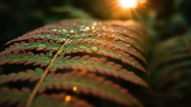 A close-up of a fern frond with water droplets on its leaves, illuminated by soft, warm lighting