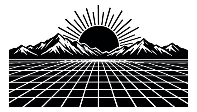 Retro graphic illustration of a digital landscape depicting mountains and a rising sun over a grid for synthwave themes