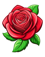 Naklejka premium Stylized red rose with detailed shading on petals and two symmetrical green leaves presented as a polished graphic isolated perfectly for design.