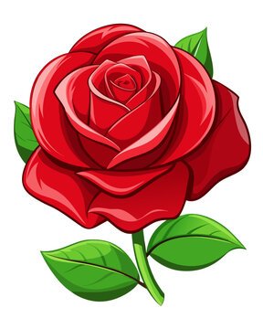 Single beautiful red rose illustration with clearly defined structure and contrasting foliage provides excellent marketing material isolated on white space readily available.