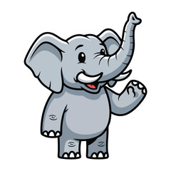 Fototapeta premium A cheerful cartoon elephant raises its trunk and waves its hand