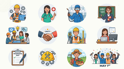 Fototapeta premium Collection of cartoon illustrations depicting various professions, teamwork, industry, and Labor Day celebrations, representing different types of work and collaboration.