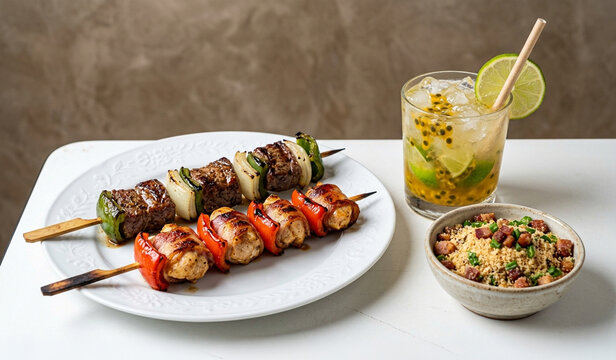 Meat and chicken skewers with bacon, served with bacon farofa and a refreshing passion fruit caipirinha.