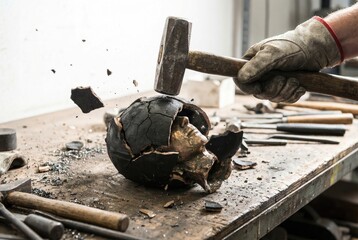 Artisan using a hammer to break a clay shell revealing a cast bronze head sculpture