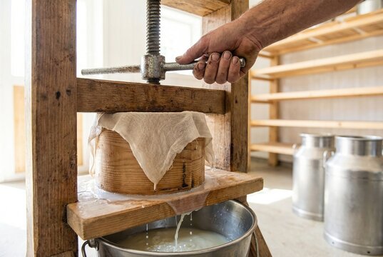 Artisan using a traditional wooden screw press to squeeze whey from fresh cheese