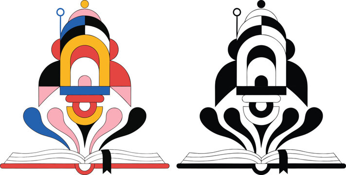 Colorful surreal rocket emerges from open book abstract