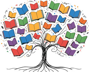Fototapeta premium Colorful tree with books growing on branches and confetti whimsical
